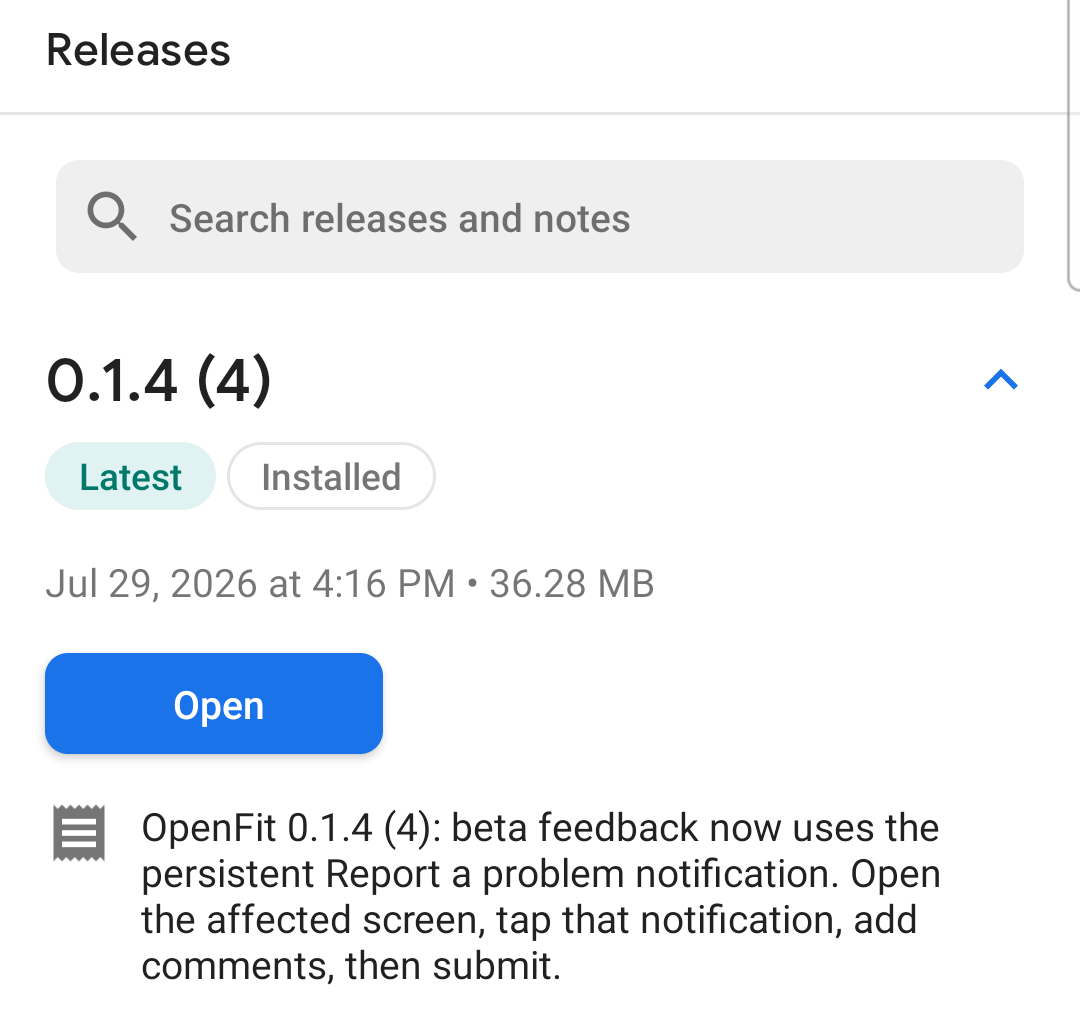 Firebase App Tester showing OpenFit 0.1.4 (4) as Latest and Installed