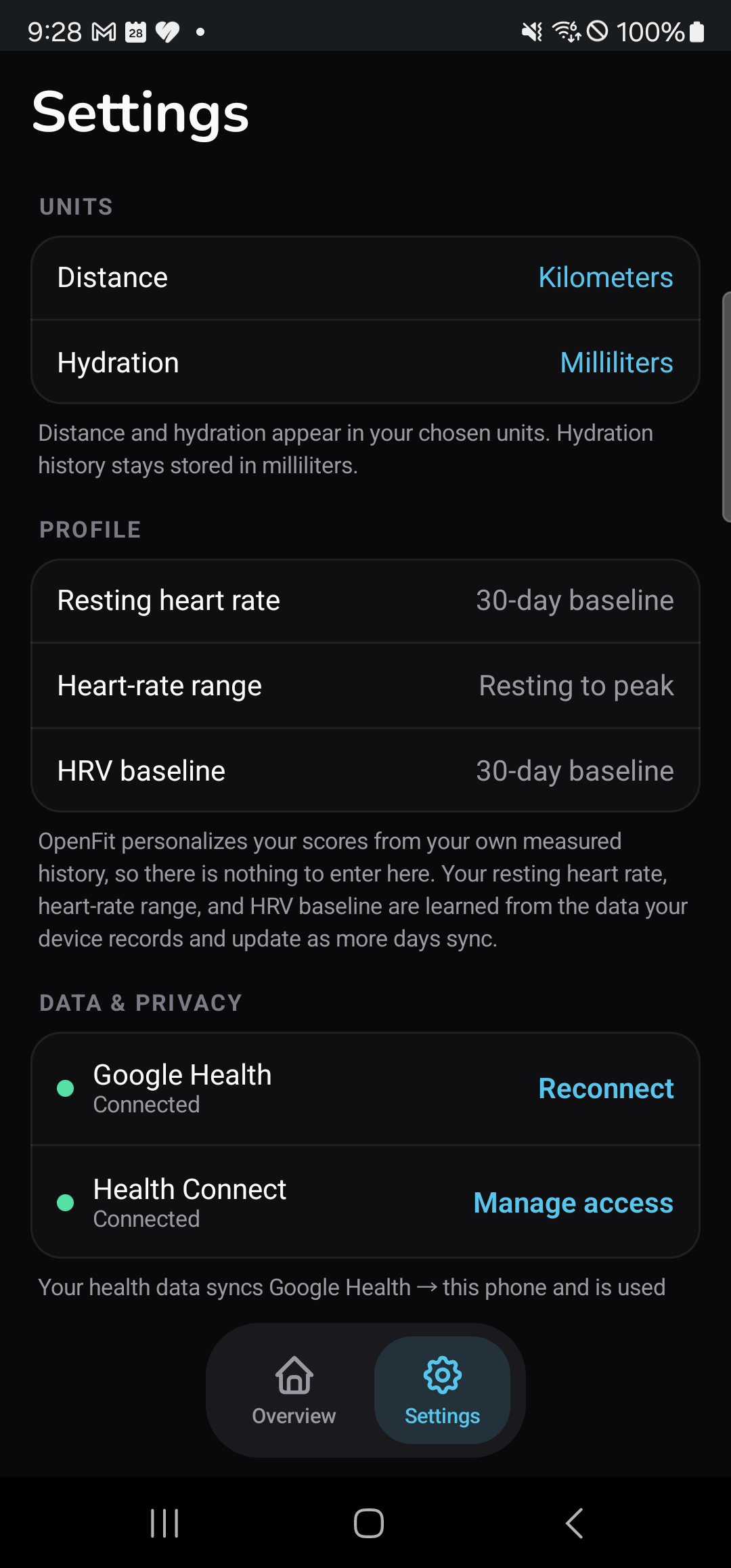 OpenFit Settings showing Google Health connected and Health Connect available