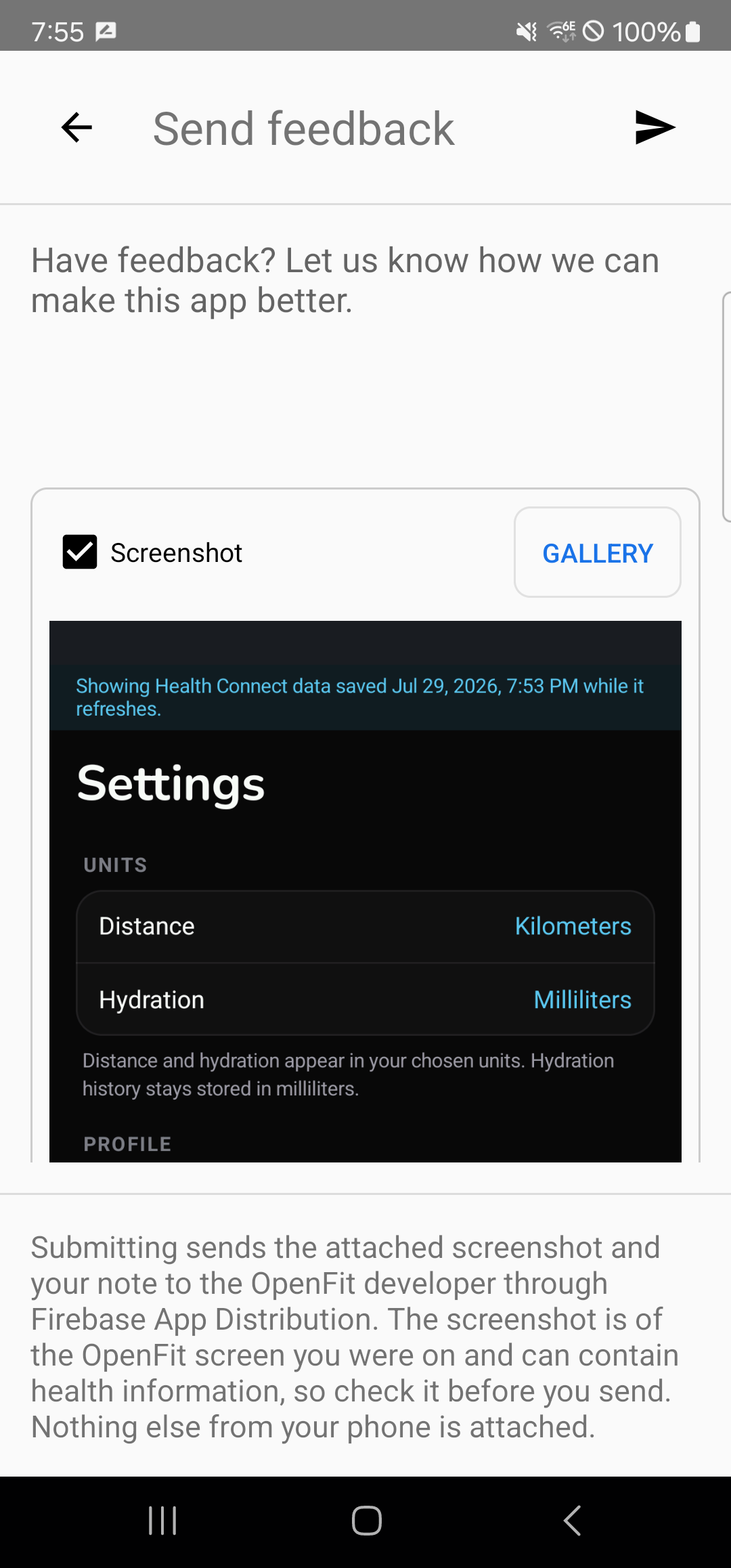 Firebase App Distribution feedback form with a note field, screenshot preview, Screenshot checkbox, Gallery, and Send controls