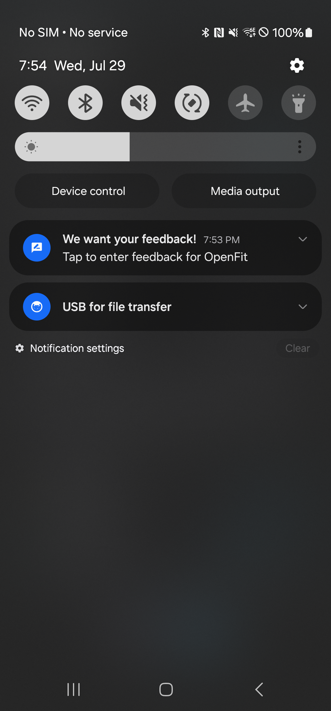 Samsung notification shade with the OpenFit Firebase feedback notification